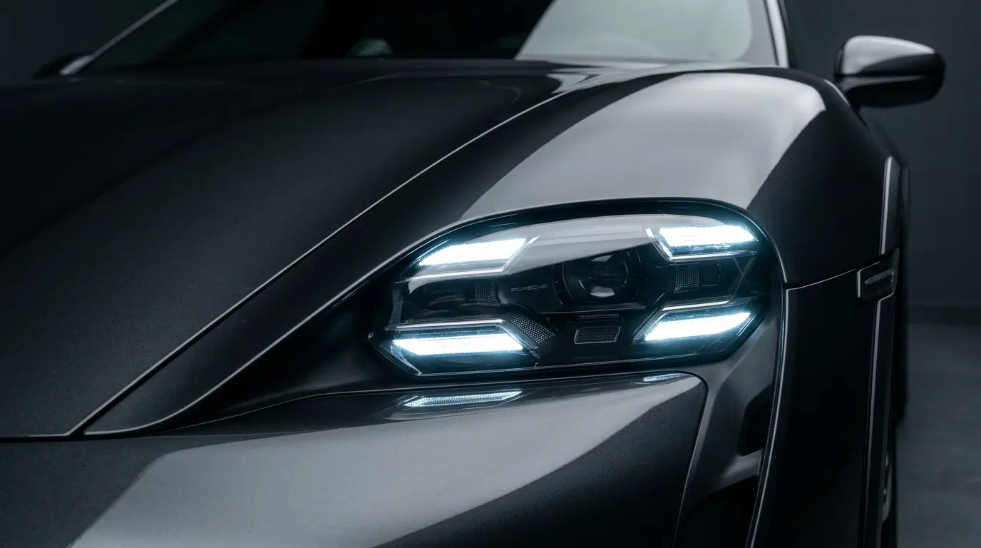 Detail čirého světlometu na tmavém automobilu – ilustrační vizualizace